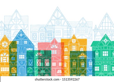 German houses cartoon cover urban landscape white background. Front view of European city street colorful building facades silhouette. Hand drawn vector illustration sketch style.