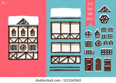 German houses, collection of elements, itemset, roof, windows, doors. Winter seasons snow for postcard design posters background game. Hand drawn vector illustration.