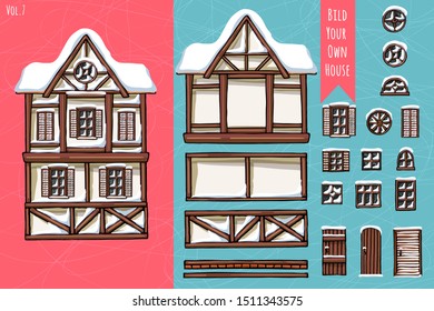 German houses, collection of elements, itemset, roof, windows, doors. Winter seasons snow for postcard design posters background game. Hand drawn vector illustration.