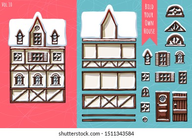 German houses, collection of elements, itemset, roof, windows, doors. Winter seasons snow for postcard design posters background game. Hand drawn vector illustration.