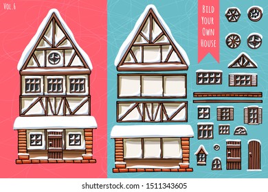 German houses, collection of elements, itemset, roof, windows, doors. Winter seasons snow for postcard design posters background game. Hand drawn vector illustration.