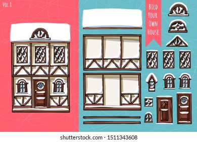 German houses, collection of elements, itemset, roof, windows, doors. Winter seasons snow for postcard design posters background game. Hand drawn vector illustration.