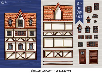 German houses, collection of elements, itemset, roof, windows, doors. Fahverk architecture style for postcard design posters background game children books. Hand drawn vector illustration.