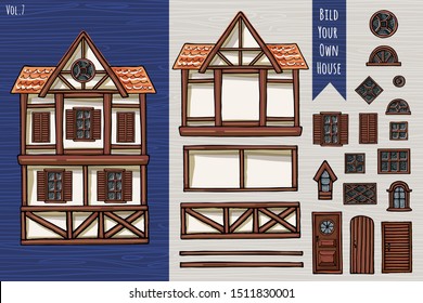 German houses, collection of elements, itemset, roof, windows, doors. Fahverk architecture style for postcard design posters background game children books. Hand drawn vector illustration.