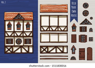 German houses, collection of elements, itemset, roof, windows, doors. Fahverk architecture style for postcard design posters background game children books. Hand drawn vector illustration.
