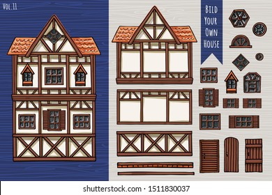 German houses, collection of elements, itemset, roof, windows, doors. Fahverk architecture style for postcard design posters background game children books. Hand drawn vector illustration.