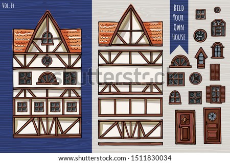 German houses, collection of elements, itemset, roof, windows, doors. Fahverk architecture style for postcard design posters background game children books. Hand drawn vector illustration.