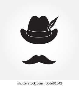 German hunting hat with feather and moustache. Octoberfest symbol isolated on white background. Vector illustration.