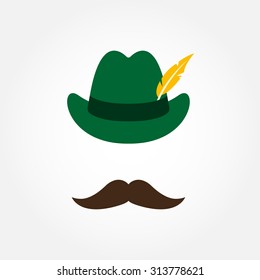 German Hunting Hat With Feather And Moustache. Octoberfest Symbol Isolated On White Background. Colorful Vector Illustration.