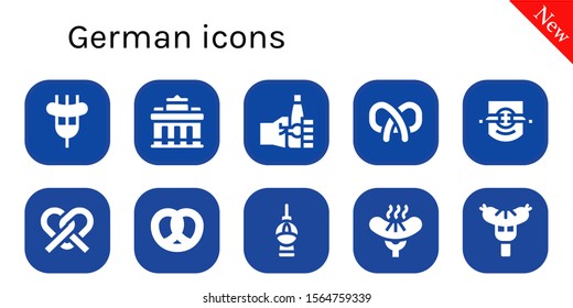 german icon set. 10 filled german icons.  Collection Of - Sausage, Brandenburg gate, Oktoberfest, Pretzel, Leipzig, Fernsehturm berlin icons