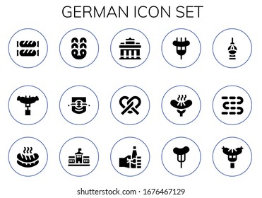 german icon set. 15 filled german icons.  Simple modern icons such as: Sausage, Pretzel, Leipzig, Brandenburg gate, Fernsehturm berlin, Sausages, Berlin, Oktoberfest