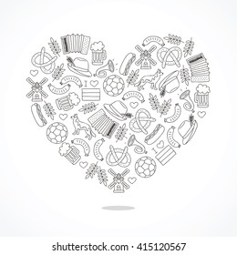 German icons in the form of a large heart. Vector illustration on white background.