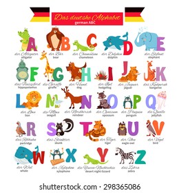 German illustrated zoo alphabet with cute cartoon animals. Vector illustration for education, foreign language study. Vector illustration