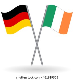 German and Irish crossed flags. Germany combined with Ireland isolated on white. Language learning, international business or travel concept.