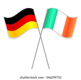 German and Irish crossed flags. Germany combined with Ireland isolated on white. Language learning, international business or travel concept.