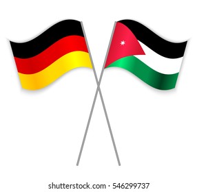 German and Jordanian crossed flags. Germany combined with Jordan isolated on white. Language learning, international business or travel concept.