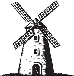 German Landmark Retro Windmill Isolated Outline Icon.
Vector Rural Countryside Traditional Dutch Stone Mill, Netherland Wooden Windmill, Holland Building For Millstones Grain, Flour, Bread Processing