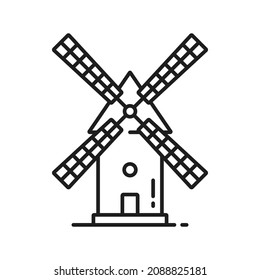 German landmark retro windmill isolated outline icon. Vector rural countryside traditional Dutch stone mill, Netherland wooden windmill, Holland building for millstones grain, flour, bread processing