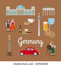 German Landmarks and Culture. Berlin in Germany vector illustration. Traditional costume.