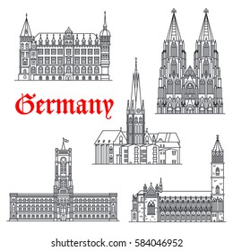 German landmarks and sightseeing symbols of vector Magdeburg and Cologne Cathedral or Koln Dom, Lambertus Church or basilica, town hall, Rotes Rathaus or Red City Hall. Thin line icons