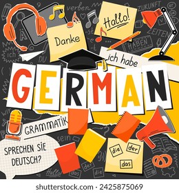 German language collage. Translation: "German, Do you speak German? thank you, grammar, the, he, she, it, me, I have, times, be, future, hello, verb, you". 