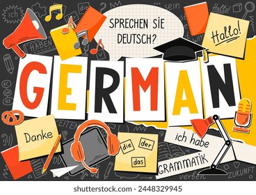 German language collage. Translation: "German, Do you speak German? thank you, grammar, the, he, she, it, me, I have, times, be, future, hello, verb, you". 