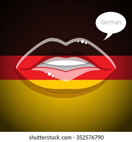 German language concept. Glamor lips with make-up of the  German flag, woman face. Flat design, vector illustration.