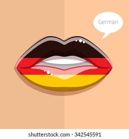 German language concept. Glamour lips with make-up of the  German flag, woman face. Flat design, vector illustration.