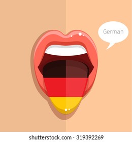 German language concept. German language tongue open mouth with German flag, woman face. Flat design, vector illustration.