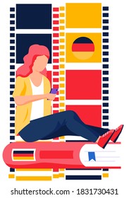 German language courses illustration with german word flag and a woman with phone sitting on the books typing on screen. Perfect for network advertising or language school. Online education