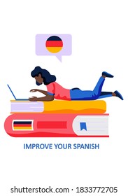 German language courses illustration with german word flag and a woman with laptop lying on the books typing on keyboard. Perfect for network advertising or language school. Online education