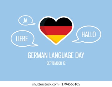 German Language Day vector. German flag heart shape vector. Speech bubbles with German words. German Language Day Poster, September 12. Important day