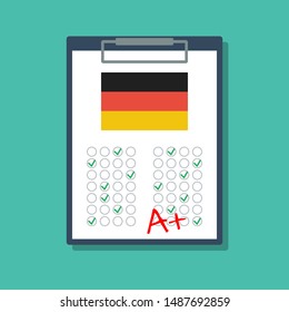 german language exam result a plus, flat vector illustration