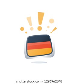 German language, flags icons, linguistic learning, online course, enroll button, chat speech bubble, exam and test preparation program, vocabulary improvement, check mark