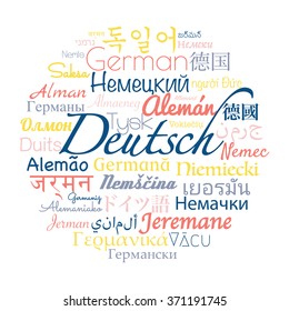 German language in the foreigns languages for study and world union concept. Vector word collage.