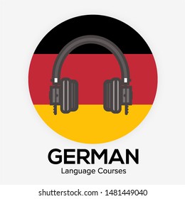 German language learning course concept vector illustration. National flag of Germany with headphones. Learning foreign language. Creative german class fluent concept speak test and grammar.