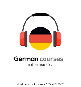 German language learning logo icon with headphones. Creative german class fluent concept speak test and grammar.