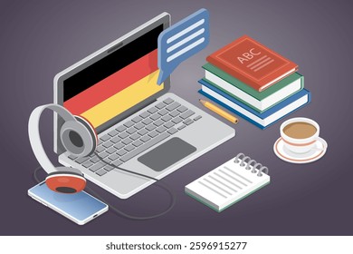 German language lessons. Online language courses concept. Internet class, e learning, distance education, remote school, university. 3d flat isometric vector illustration.
