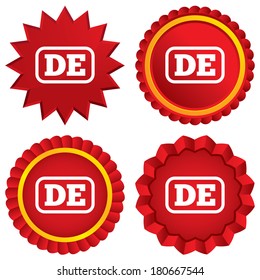 German language sign icon. DE Deutschland translation symbol with frame. Red stars stickers. Certificate emblem labels. Vector