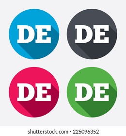 German language sign icon. DE Deutschland translation symbol. Circle buttons with long shadow. 4 icons set. Vector