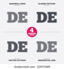 German language sign icon. DE Deutschland translation symbol. Diagonal and horizontal lines, classic outline, dotted texture. Pattern design icons.  Vector