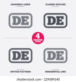 German language sign icon. DE Deutschland translation symbol with frame. Diagonal and horizontal lines, classic outline, dotted texture. Pattern design icons.  Vector