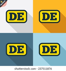 German language sign icon. DE Deutschland translation symbol with frame. Four squares. Colored Flat design buttons. Vector