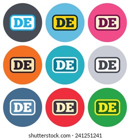 German language sign icon. DE Deutschland translation symbol with frame. Colored round buttons. Flat design circle icons set. Vector