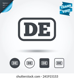 German language sign icon. DE Deutschland translation symbol with frame. Circle and square buttons. Flat design set. Thank you ribbon. Vector