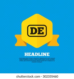 German language sign icon. DE Deutschland translation symbol with frame. Yellow label tag. Circles seamless pattern on back. Vector