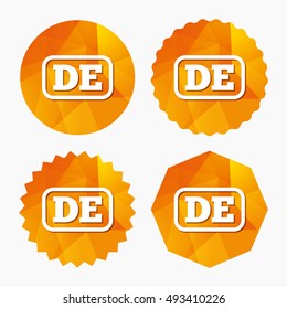 German language sign icon. DE Deutschland translation symbol with frame. Triangular low poly buttons with flat icon. Vector