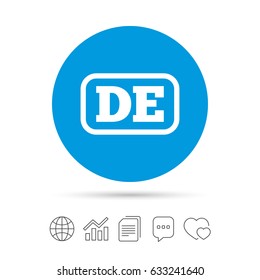 German language sign icon. DE Deutschland translation symbol with frame. Copy files, chat speech bubble and chart web icons. Vector