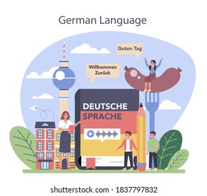 German learning concept. Language school german course. Study foreign languages with native speaker. Idea of global communication. Vector illustration in cartoon style