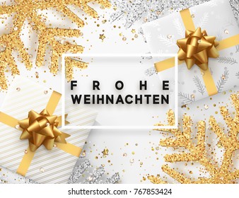 German lettering Frohe Weihnachten. Christmas background with gifts box and shining golden and silver snowflakes. Xmas Greeting card. Vector Illustration.